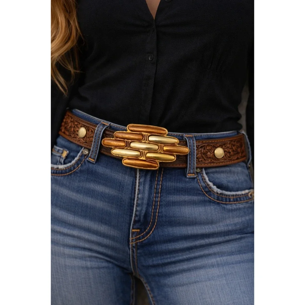 Vintage Belt‎ Buckle Brass Abstract Mixed Metal Western Rodeo Cowgirl